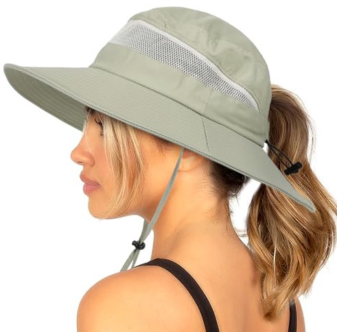 Bucket Sonnenhut für Damen, breite Krempe, atmungsaktives Netzgewebe, LSF 50+, Safari-Hut, überkreuztes Pferdeschwanzloch, Outdoor-Regenhut, Pea Green, Einheitsgröße