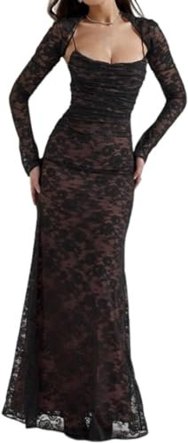 Dress,Maxi Dress, 2 Piece Corset Capelet Floral Soft Mesh Sexy Evening Dress, Shawl Drawstring lace Corset Maxi Dress (L,Black)