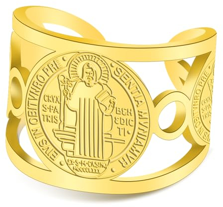 TEAMER Religiöser St. Benedikt Ring Ring aus Edelstahl St. Benedikt Ring katholisch christlich Glaube Böse Schutz Amulett Schmuck für Frauen (St. Benedikt Ring - Gold)