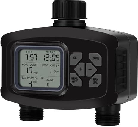 AKLIFFE Minuteur d'arrosage pour tuyau d'arrosage avec pivotant en laiton - Système de contrôle d'irrigation automatique - Minuteur de robinet programmable pour cour, 2 sorties