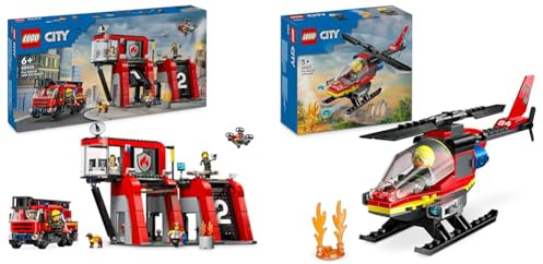 LEGO City Feuerwehrstation mit Drehleiterfahrzeug, Feuerwehr-Spielzeug & City Feuerwehrhubschrauber, Set mit Hubschrauber-Spielzeug