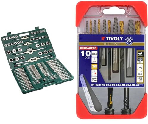 Mannesmann 53255 Coffret tarauds et filières 110 pièces (Import Allemagne) & TIVOLY - Coffret Forets Extracteurs de Vis Cassée + Forets HSS Revêtement TiN - Lot de 5 Forets & 5 Extracteurs N1