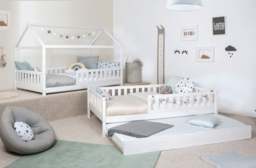 TiCAA 2 in 1 Bodenbett wandelbar mit abnehmbaren Dach Duo 90x200, 100x200 cm, 120x200 cm, 140x200 Weiß für Jungen & Mädchen mit Zusatzbett, Rausfallschutz & Rolllattenrost – aus Kiefer Massivholz