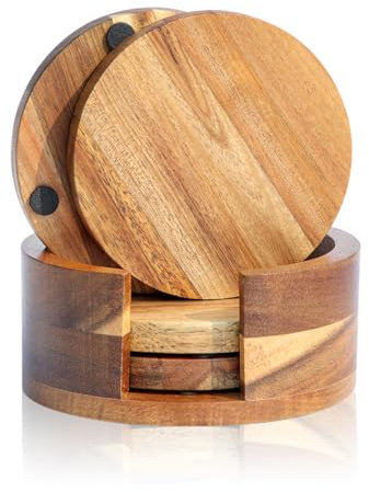 Untersetzer Holz für Gläser, 10cm Glasuntersetzer Rund mit Holz Halter für Gläser 4er Set, Untersetzer aus Akazienholz für Getränke, Bar, Tassen, Tischuntersetzer Getränkeuntersetzer