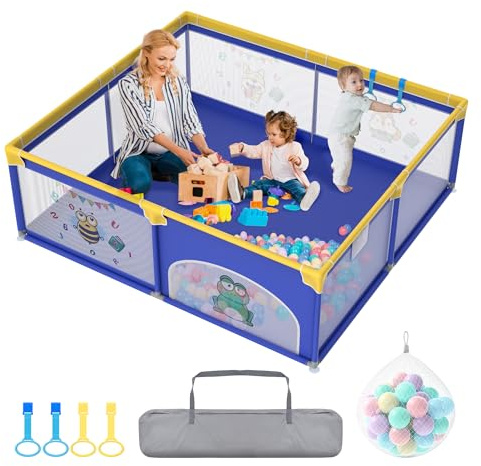 XMTECH Baby Laufstall Laufgitter Tragbar Absperrgitter mit 50 Spielbällen, 180cmx200cmx68cm Schutzgitter mit atmungsaktivem Netz und Reißverschluss und 4 Zugringen (Blau mit Tiermotiven)