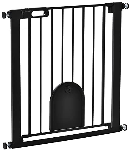 PawHut Barrière de sécurité Animaux de 76H cm barrière Chien Chat avec Porte Fermeture Automatique système de Double Verrouillage Fixation par pressionde de 75 à 82 cm Acier et ABS Noir