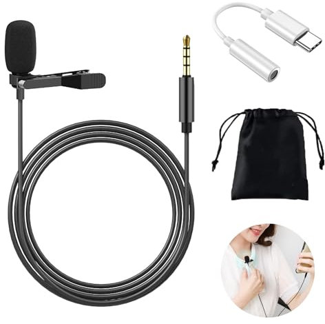 Lavalier Microphone, Clip-On Lapel Omnidirectional Condenser Mic with Type-C & 3.5mm Adapter, Noise-Cancelling Mic for Phone, PC, DSLR, Laptop - Ideal for Recording, Interviews, Gaming, and Podcasting