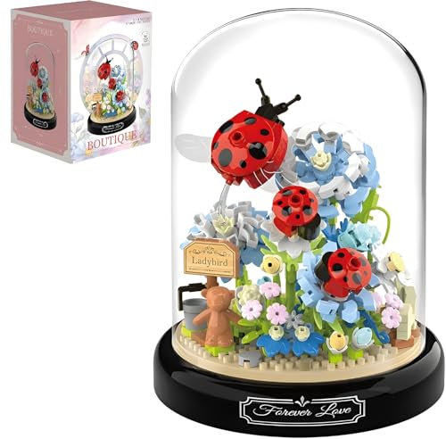 Blumen Bausteine Set, 596 Teile Insekten Blumenstrauß Micro Mini Baustein, Künstliche Pflanzen Mit Staubdichte Kuppel Und Sockel, Heimdekoration, Ideen Geschenk (P2283)