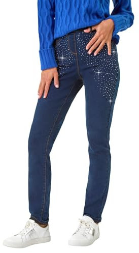 Roman Originals Jeggings for Women UK Jean Ladies Stretchy Trousers Denim Leggings High Waist Rise Pull On Skinny Straight Leg Cotton Pants Smart Casual - Sparkly Indigo - Size 12
