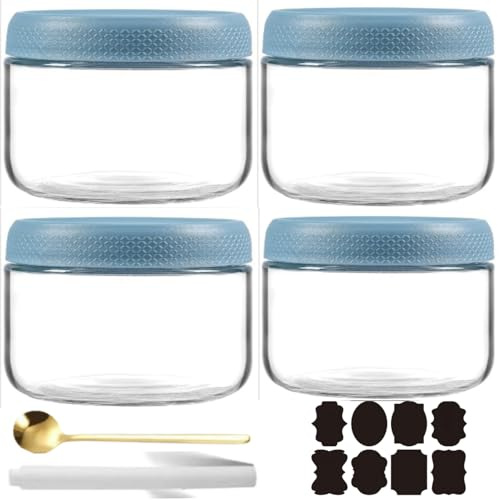 CNKHDZ 4 PiècesOvernight Oats Jar,Bleu 300ml Meal Prep Bocal Avec Couvercle Overnight Oats Bocaux Avec Couvercle,pour confitures maison,aliments pour bébés,mariner,Mason Jar