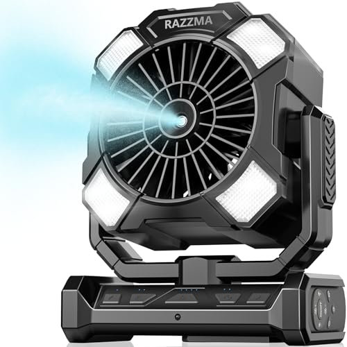 Ventilador portátil con nebulización y batería de 24000 mAh, tiempo de funcionamiento de 80 horas, niebla de 7 μm, ventilador de camping ultra silencioso de 4 velocidades para interiores y exteriores