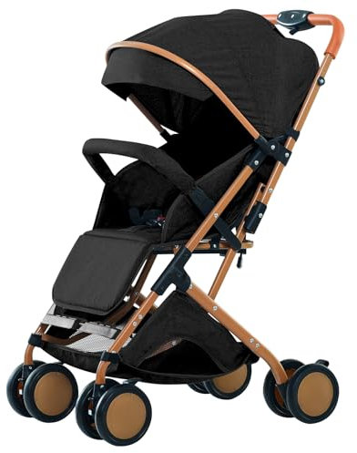 MENGDA Poussette 3 en 1 Ultra Compacte avec Moustiquaire, Poussette Canne Voyage 0-6 Ans - Noir/Jambes Dorées, Siège Réversible, Roues EVA 6 (noir)