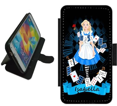 Personalised Name Alice in wonderland Phone case wallet For Apple iPhone/For Samsung Galaxy/For Google Pixel phone cover Silicone holder flip case, PU leather, card slots. Any name Black