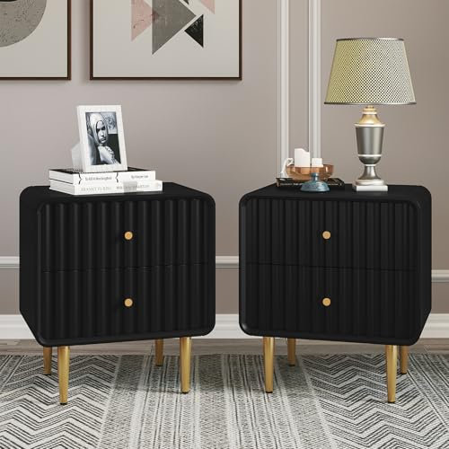 HOLTICO Bedside Tables Set of 2, Black Bedside Table with 2 Drawers, Modern Fluted Nightstand, Wooden Bed Side Table for Bedroom Living Room