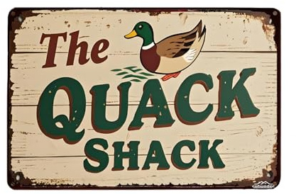 The Quack Shack – Rustikales Metallschild mit Ente und Hühnerstall, 30,5 x 20,3 cm – Bauernhaus-Dekoration, Vintage-Wasservögel, Wandkunst für Zuhause, Bar oder Kneipe, langlebiges Blech-Namensschild
