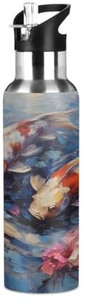 Woltant Peinture à l'huile Koi Bouteille d'eau isotherme en acier inoxydable 600 ml Bouteille d'eau de sport avec paille anti-fuite pour le travail, les voyages, la salle de sport