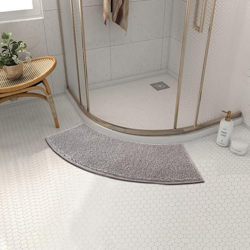 Badteppich rund,duschvorleger halbrund,Duschvorleger runddusche,Zottelige Duschmatte Viertelkreis rutschfeste Hochflor Gebogen Duschmatte,Waschbarer Badematte für Eckdusche (grau1)