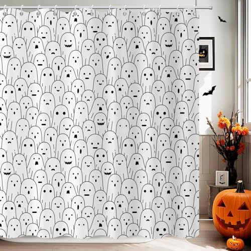 GCIREC Duschvorhang, 180x200cm, Weiß Halloween Lustiger Niedlicher Geist Wasserdichter Stoff Maschinenwaschbarer Badezimmervorhang mit Haken