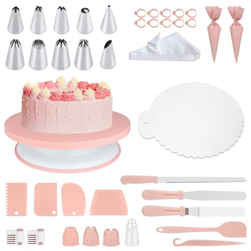 Cake Decorating Kit,139 Pcs Cake Decorating Tools with 11 Inch Spinner Turntable,Straight and Offset Spatula,4 Scrapers,Plastic Plate,Pastry Piping Bags and Nozzles,Baking Accessories (Pink)