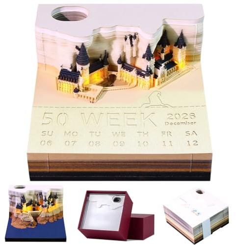 3D Calendar Tear Off 2026, Magic Castle 3D Notepad, Creative Desk Calendar Notepad, Memo Pad Desk with Pen Holder, Weekly Calendar Paper Sculpture Desktop Ornament (Lock with Light)