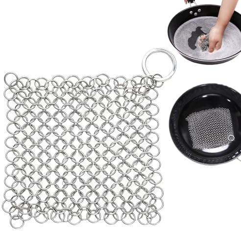 Cast Iron Chainmail Scrubber, Non-Scratch, Stainless Steel Mesh Scourer for Skillets,Griddles,Pans or Woks, Dutch Oven, Multifunction Cookware Cleaner