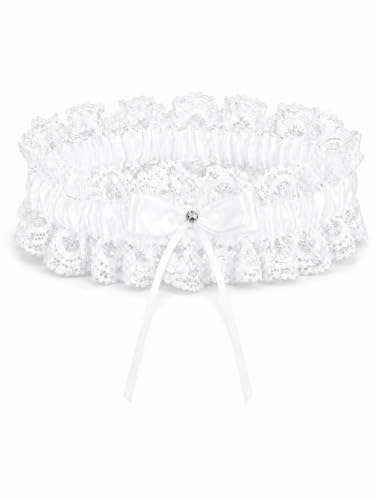 White Bridal Lace Garter with Bow and Rhinestone, Stretchy Wedding Garters | Elastic Thigh Leg Belt for Women, Bride to Be Engagement Gifts, Bridal Shower Party and Wedding Accessories