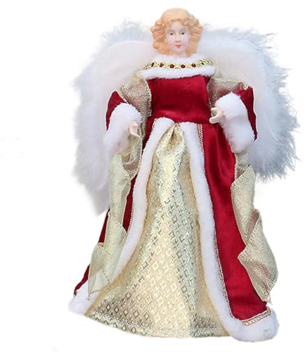 Puntale per albero di Natale con angelo Puntale per albero di angelo rosso e oro da 11, 8 pollici con ala piumata per la decorazione della casa delle vacanze