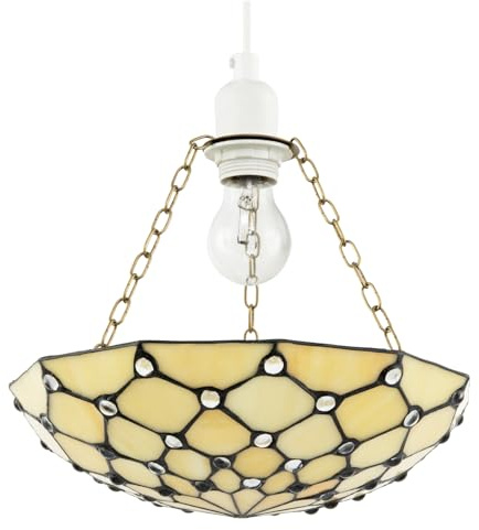 Amber Toned and Clear Beaded Tiffany Glass Easy Fit Bowl Shaped Pendant Lighting Shade | 30cm x 8cm | Antique Brass Supporting Chains by Happy Homewares