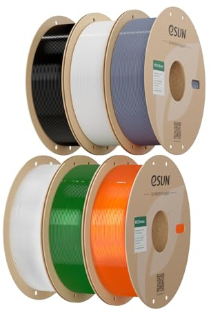 eSUN Hohe Zähigkeit PETG Basic 1.75mm Filament, 6 Farben, 6KG | Hohe Zähigkeit PETG Filament 6 Rollen Schwarz+Weiß+Grau+Transparent+Durchsichtig Orange+Durchsichtig Grün