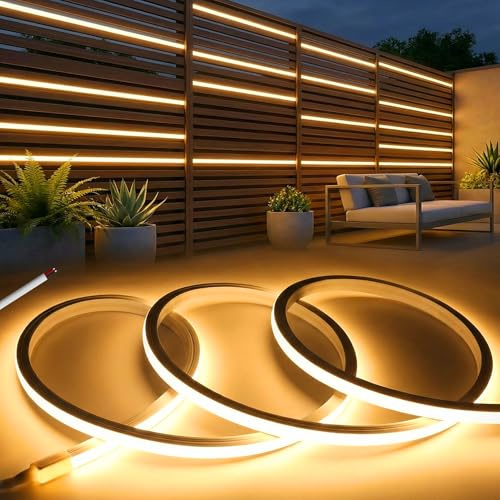 KSIBNW 12V LED Streifen 5M, Silikon Neon LED Strip Warmweiß 3000K, Wasserdicht IP65 Lichtband Aussenbereich 10mm Breite Flexibles Schlauch Led Band für Außen Innen Küche DIY Dekoration, Ohne Netzteil