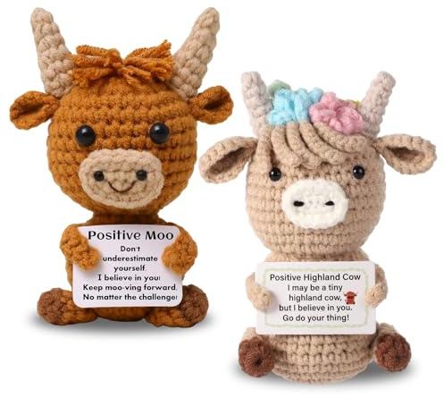 FDJZXW 2 Stück Pocket Hug Gehäkelte Glücksbringer, Gestrickte Highland Kuh, Emotionale Unterstützung Häkeln Puppen, Glücksbringer Gehäkelt, Kreatives, Süßes Häkel für Freunde, Studenten, Frauen