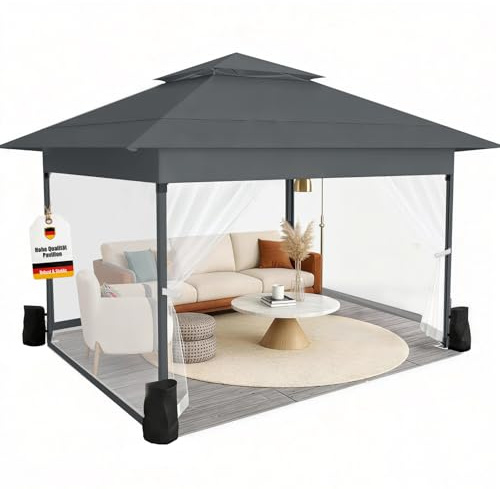 WoRaum Pavillon 3,6x3,6m Faltpavillon Wasserdicht Stabil Winterfest mit Mesh-Schutz & Doppeldach,One-Push Höhenverstellbar –Ideal als Partyzelt & Gartenpavillon –Inkl. Rolltasche & Zubehör (Anthrazit)