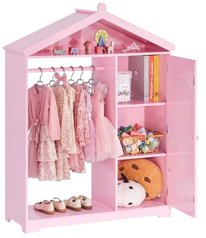 VEVOR Armario de Disfraces para Niños con Espejo, Perchero Infantil con Estantes, Mueble de Madera Estilo Cuento de Hadas para Dormitorio, Juegos, Organizador de Ropa con Barra y Compartimentos, Rosa
