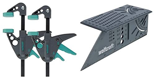 Wolfcraft 3455100-2 Mini Serre-joint à une Main Saillie 40, Ouverture 110 mm & 5208000 Équerre 3D d'onglet 150 x 275 x 66 mm - Traçage angle de 45° à 90°