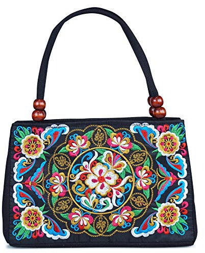 Doppelseitige Stickerei Tragetaschen Reise Strand Tasche Vintage Stickerei Ethno Schultertaschen, Gelb, Blumen, Einheitsgröße