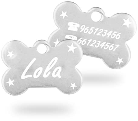 Ibera Gifts - Chapa Perro Grabada en Forma de Hueso, Placa Perro Personalizada para Perros y Gatos Muy Pequeños o Cachorros, Tamaño 22 x 15 mm, Chapa Identificativa Perro y Gato (Estrellas - Plateada)