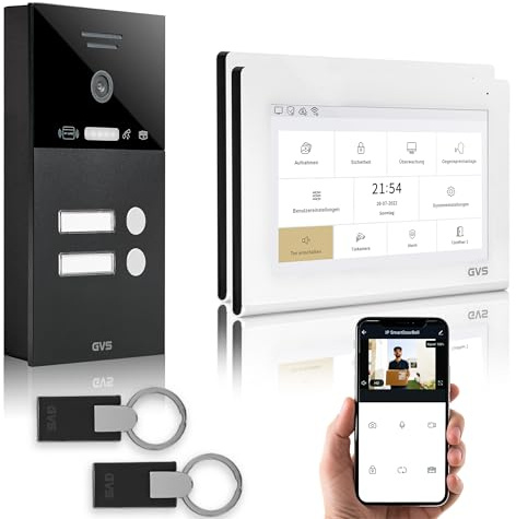 GVS Video Türsprechanlage 2-Familienhaus - RFID, 2x7 Zoll Monitor | Smarte Video Türklingel mit Kamera und Monitor & App - Gegensprechanlage mit Türöffner & RFID (AVS4466A)