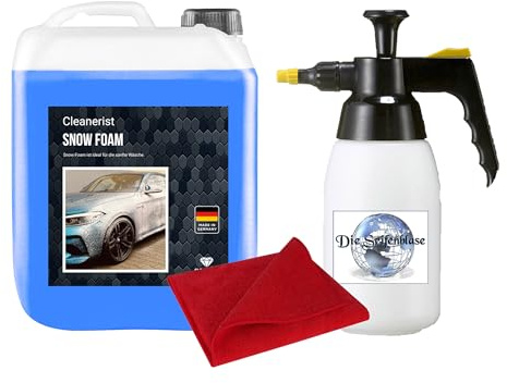 Cleanerist 5 Liter Snow Foam BLAU I inkl. Schaumdruckpistole & Microfasertuch I Konzentrat | Autoshampoo auch für Wohnwagen & Caravan | Autowäsche I Foamer I Aktivschaum