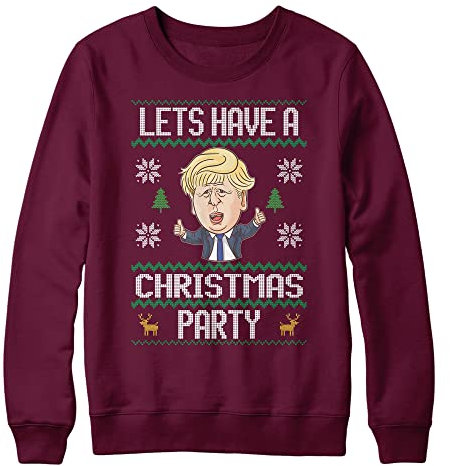 Lets Have A Christmas Party Boris Johnson Funny Christmas Sweatshirt, Novelty Christmas Jumpers for Men, Tories Sweater Office Party Tee Top TV Xmas Gifts, S, Maroon