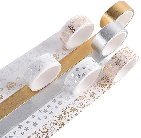 TROYSINC 6 Rollen Washi Tape Set, Gold Silber Klebeband, Blumen Dekorative Masking Tape, Klebebänder für DIY Craft Scrapbooking Geschenkpapier 15mmx2m