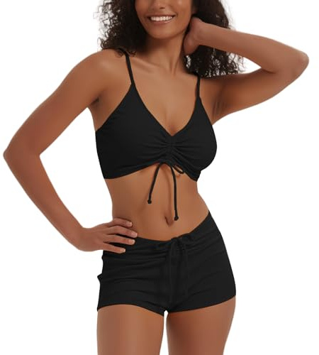 meioro Solid Swimsuit for Women Tie Front Shorts Bikini Two Piece Swimwear | Athletic Bathing Suits, High Waist Swimming Suit with Bottom, Adjustable Strap, Removable Padded Women Bikinis Set
