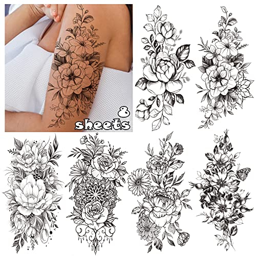 LEADTEAM Fake Tattoos, Temporäre Tattoos 3D Tattoo Aufkleber Rose Tattoo Blume Tattoo Arm Tattoo, Klebe Erwachsene Tattoo Tatoos Aufkleben Damen Fake Frauen Party Deko Karneval Geschenk