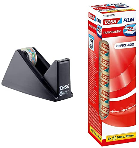 tesa Easy Cut Economy Klebebandabroller mit ecoLogo für Tische/Ökologischer Tischabroller für Klebefilm bis 10 m x 15 mm & film transparent - Transparentes Klebeband - 10 m x 19 mm - 8er Pack