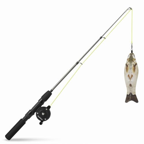 Cat Fishing Pole Toy, Durable Cotton Retractable Pulley Telescopic Fishing Rod with 100cm Line & 74cm Rod, Rear Switch Lock, Soft 3D Printed Fish for Active Play Boredom