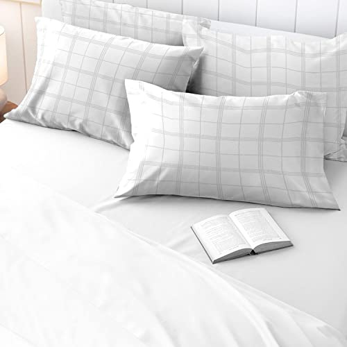 Pizuna 100% Cotton White Big Checks Housewife Pillowcases 2 Pack, 300 Thread Count Long Staple Combed Cotton Checked Bedding, Sateen Damask Bedding Pillow Case 48x74 (White Pillow Cases 2 Pack) - | 300 Thread Count, Long Staple Combed Cotton Checked Bedding Sateen Damask Pillow Case 48x74 Pillow Cases -