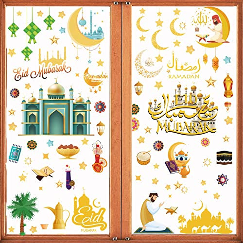 Ramadan Fensteraufkleber, 121 Stück Fensterbild Eid Mubarak, Ramadan Eid Mubarak Dekoration Fensterbilder Stern Halbmond, Ramadan Eid Mubarak Dekorationen, Fensterdeko Muslimische