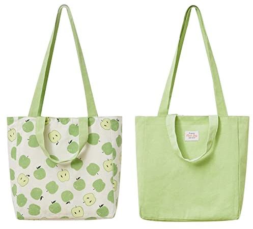 PLATEYTR Stoffbeutel,Doppelseitige Leinentasche,Stoff Tasche, Einkaufstasche, Baumwolle Schulter Doppelter Tragegriff Leinwand Messenger Bag für Damen, Kinder(Grüne Äpfel,31 * 10 * 31cm)
