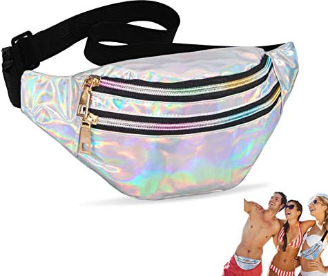 Bauchtasche 80er Jahre Damen,Laser Bauchtasche,Bauchtasche Mode Damen Herren Glitzer,Adjustable Strap Waterproof Waist Bag,Gürteltasche Damen für Outdoor Reise Wandern Reisen Urlaub(Silber)