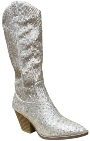 ABSOLEX Women Western Cowgirl Cowboy Pointed Toe Rhinestone Knee High Boots, Lt Gold, 7 UK
