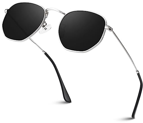 Sunier Sonnenbrille Damen Herren Polarisiert,Mode Apace Polygon Sonnenbrille Damen, Ultraleichter Sechseckige Metallrahmen 100% UV400 Schutz